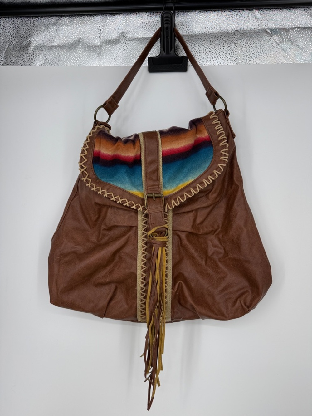 Brown faux Leather Hobo Bag with Colorful Serape Accent